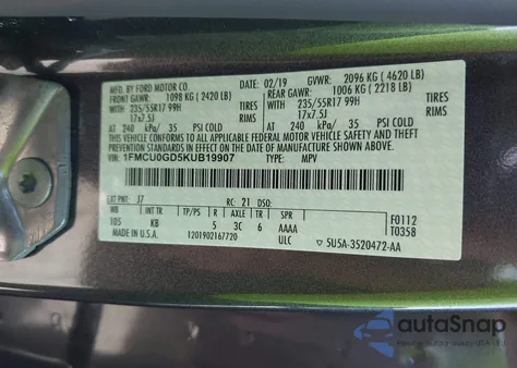 2019 Ford Escape Se from USA, damaged, VIN 1FMCU0GD5KUB19907